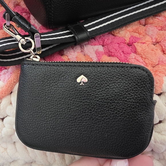 kate spade Black Leather Tote with Striped Detachable Strap - Picture 2 of 7